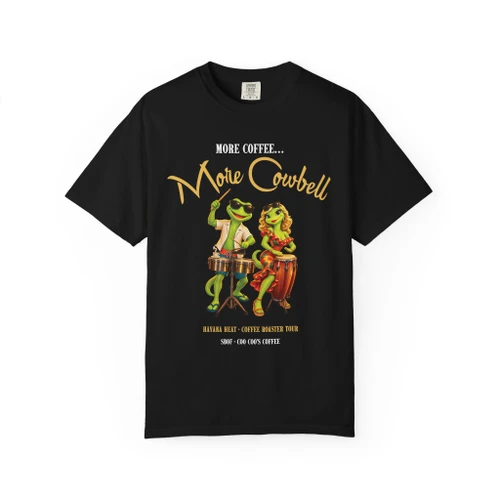 More Coffee, More Cowbell coffee t-shirt — cartoon gecko Bert playing cowbell on a Havana coffee tour printed on the front, black