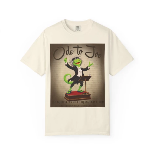 Ode to Joe coffee t-shirt — conductor gecko Bert leading an “Ode to Joe” coffee symphony printed on the front