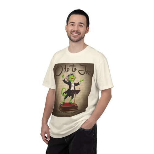 Person wearing the Ode to Joe coffee t-shirt from Coo Coo’s Coffee, ivory