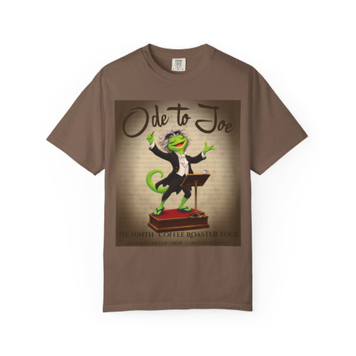 Ode to Joe coffee t-shirt — conductor gecko Bert leading an “Ode to Joe” coffee symphony printed on the front, espresso