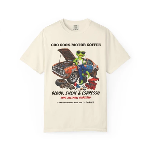 Bert’s Project Car coffee t-shirt — grease-monkey gecko Bert with his backyard project car printed on the front, ivory