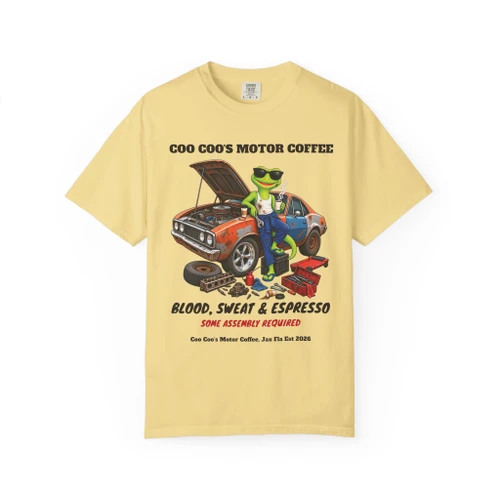 Bert’s Project Car coffee t-shirt — grease-monkey gecko Bert with his backyard project car printed on the front, butter