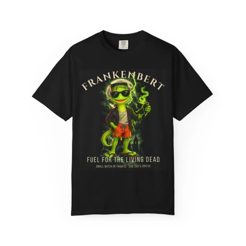 Frankenbert ‘Fuel for the Living Dead’ coffee t-shirt — Frankenstein gecko Bert with green lightning printed on the front
