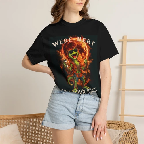 Person wearing the Were-Bert ‘Full Moon Roast’ black coffee t-shirt from Coo Coo’s Coffee