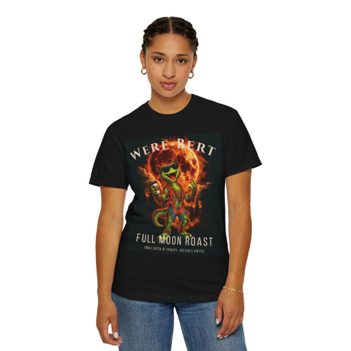Person wearing the Were-Bert ‘Full Moon Roast’ black coffee t-shirt from Coo Coo’s Coffee female model