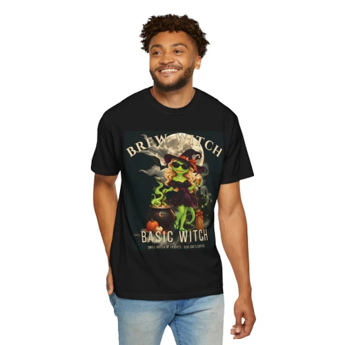 Person wearing the Brew-Witch ‘Basic Witch’ black coffee t-shirt from Coo Coo’s Coffee male model front