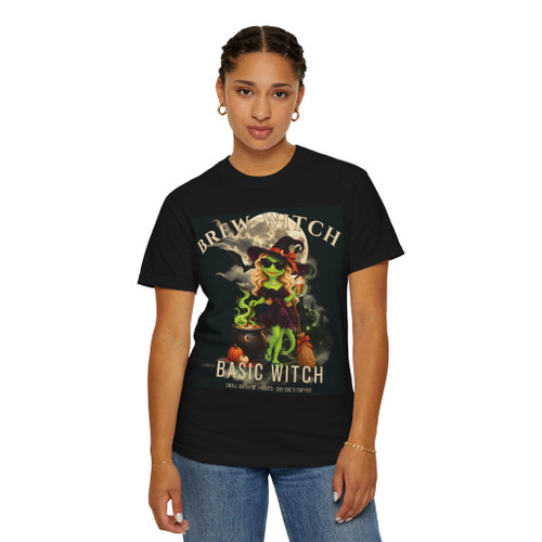 Person wearing the Brew-Witch ‘Basic Witch’ black coffee t-shirt from Coo Coo’s Coffee, female model