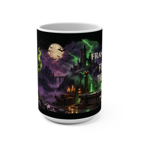Close-up of the Frankenbert the monster gecko with green lightning artwork on the Frankenbert ‘Fuel for the Living Dead’ 15oz mug side view