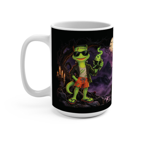 Close-up of the Frankenbert the monster gecko with green lightning artwork on the Frankenbert ‘Fuel for the Living Dead’ 15oz mug left handle view