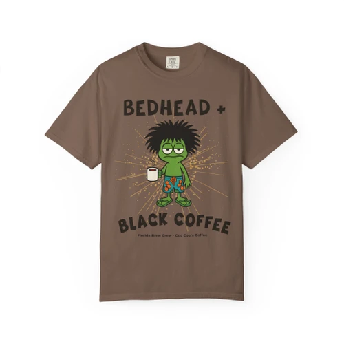Bedhead & Black Coffee coffee t-shirt — bedhead gecko Bert clutching black coffee printed on the front