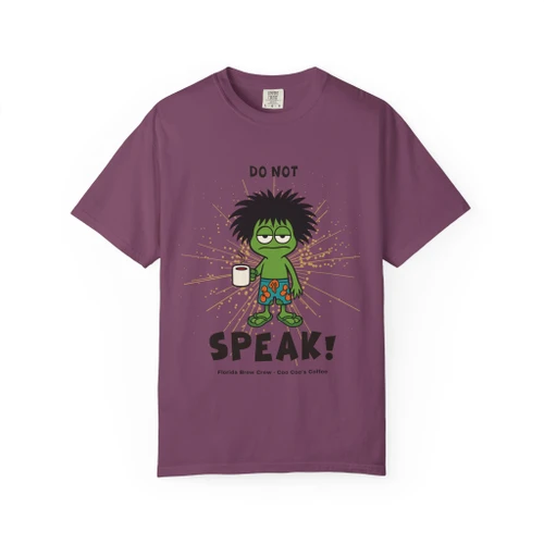 Do Not Speak coffee t-shirt — deadpan pre-coffee gecko Bert, “do not speak” printed on the front berry