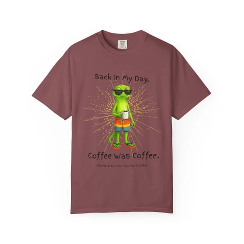 Back in My Day, Coffee Was Coffee coffee t-shirt — grumpy gecko Bert, “coffee was coffee” printed on the front, brick
