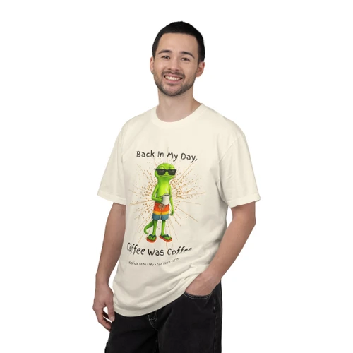 Person wearing the Back in My Day, Coffee Was Coffee coffee t-shirt from Coo Coo’s Coffee, ivory