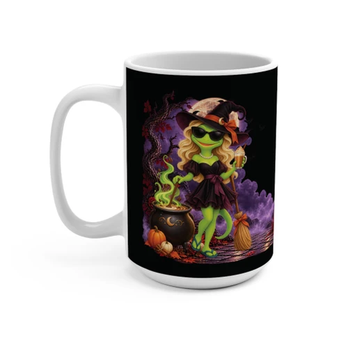 Her cauldron brews coffee — this 15oz mug is where you keep yours. Gertie the Brew-Witch, pointed hat and pumpkin-spice latte, wrapped around a proper cup. Cute-spooky, owned with a wink. Ceramic, dishwasher & microwave safe. Left side