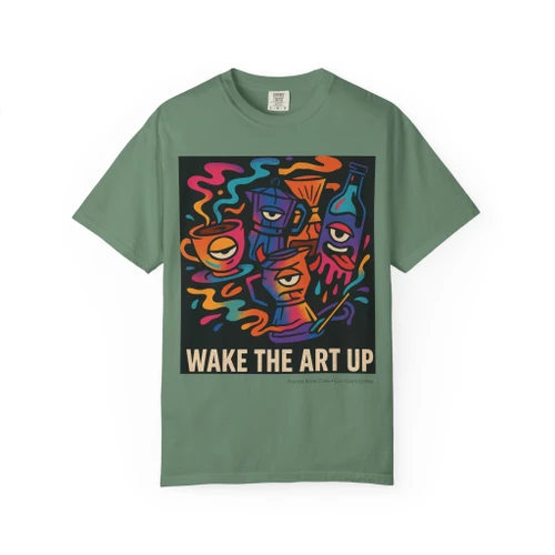 A crew of bleary-eyed brew gear — moka pot, pour-over, cold-brew bottle — rendered in bold, high-energy street-art color. For everyone who’s not fully human until the coffee kicks in. Light green