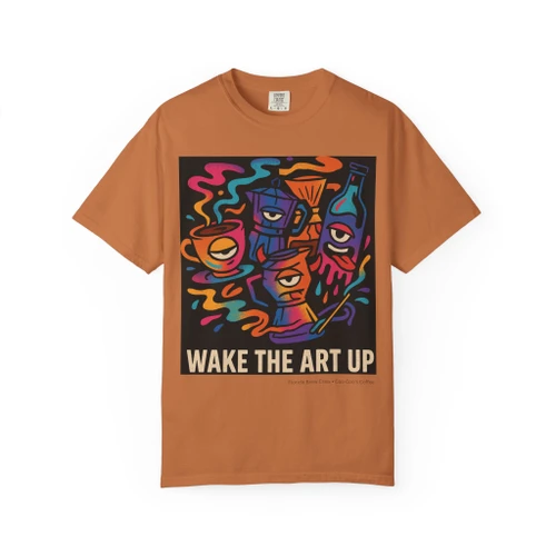 A crew of bleary-eyed brew gear — moka pot, pour-over, cold-brew bottle — rendered in bold, high-energy street-art color. For everyone who’s not fully human until the coffee kicks in. Yam