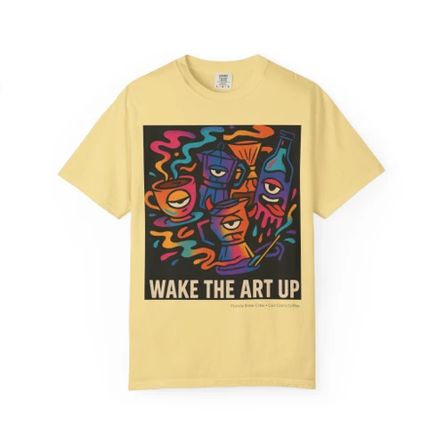 A crew of bleary-eyed brew gear — moka pot, pour-over, cold-brew bottle — rendered in bold, high-energy street-art color. For everyone who’s not fully human until the coffee kicks in. Butter
