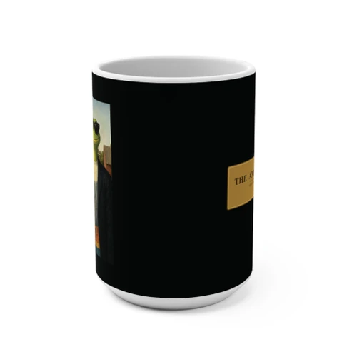 Bert & Gertie as America’s most famous farm couple — pitchfork, pearls, and sunglasses — wrapped around a full 15oz mug. The painting on one side, its gold museum placard on the other. Side view
