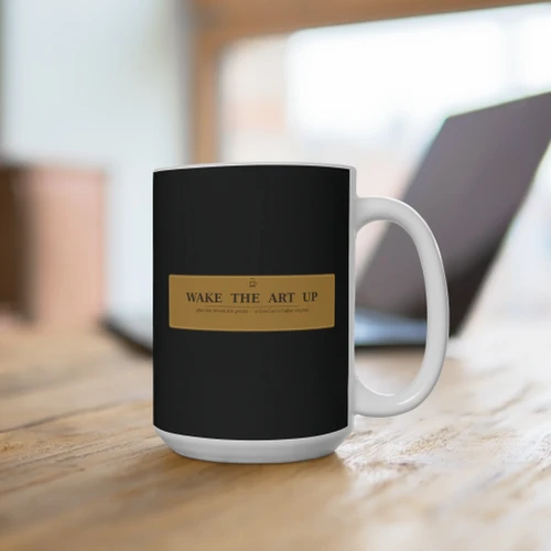 A crew of sleepy brew gear in bold street-art color, wrapped around a full 15oz mug — the painting on one side, its gold museum placard on the other. Made for black. On a desk
