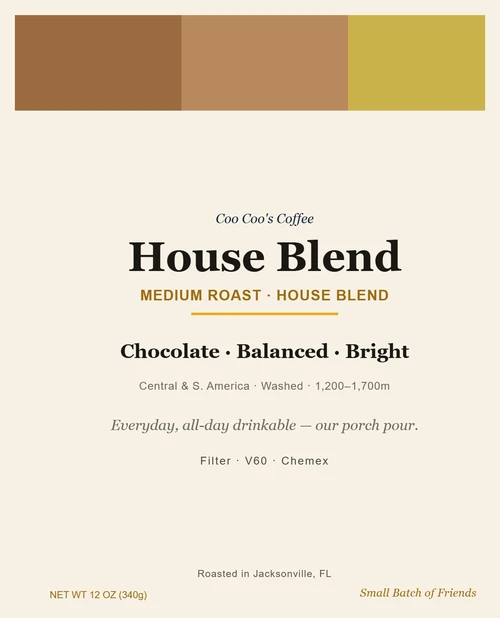 coo coo's coffee house blend medium roast front label