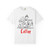 Black barista sketch t-shirt with red “Coffee” text – Brew Like You Mean It design by Coo Coo’s Coffee. White front print