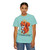 It Deserves Action t-shirt – Childhood cancer awareness tee with Lego squirrel tribute design by Coo Coo’s Coffee, chalky mint female model