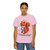 It Deserves Action t-shirt – Childhood cancer awareness tee with Lego squirrel tribute design by Coo Coo’s Coffee, blossom female model