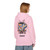 I Brew in Chaos Hoodie – Abstract coffee cup splatter art on fleece hoodie by Coo Coo’s Coffee, Light Pink Female Model