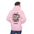 I Brew in Chaos Hoodie – Abstract coffee cup splatter art on fleece hoodie by Coo Coo’s Coffee, Light Pink Male Model