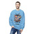 Sky sweatshirt with colorful abstract coffee mug and splatter art – Brew in Chaos by Coo Coo’s Coffee, Male Model