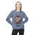 Stone Blue sweatshirt with colorful abstract coffee mug and splatter art – Brew in Chaos by Coo Coo’s Coffee, female Model