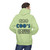 Pistachio hoodie with large back print of the Coo Coo’s Coffee logo featuring blue paw-print style lettering. Male Model