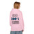 Light Pink hoodie with large back print of the Coo Coo’s Coffee logo featuring blue paw-print style lettering. Female Model