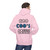 Light Pink hoodie with large back print of the Coo Coo’s Coffee logo featuring blue paw-print style lettering. Male Model