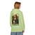 Pistachio hoodie featuring a parody of the Mona Lisa holding a coffee cup with “The Mocha-Lisa” printed beneath. Female Model