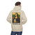 Sand hoodie featuring a parody of the Mona Lisa holding a coffee cup with “The Mocha-Lisa” printed beneath. Male Model