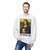 White sweatshirt featuring a parody of the Mona Lisa holding a coffee cup with the text “The Mocha-Lisa.” Male Model