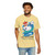 yellow tee shirt with surfing chicken graphic and text "Poultry-Powered Coffee-Fueled" – Miss Sally by Coo Coo’s Coffee