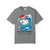 grey tee shirt with surfing chicken graphic and text "Poultry-Powered Coffee-Fueled" – Miss Sally by Coo Coo’s Coffee