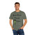 cream tee with frazzled green gecko (Bert) holding coffee cup and text “Brew First Think Later” – funny coffee shirt by Coo Coo’s Coffee