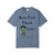 blue jean tee with frazzled green gecko (Bert) holding coffee cup and text “Brew First Think Later” – funny coffee shirt by Coo Coo’s Coffee