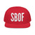 Red snapback hat with bold white SBOF embroidery – minimalist small batch streetwear cap by Coo Coo’s Coffee
