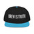 black/blue snapback hat with white “brew is truth” embroidery and purple brim – coo coo’s coffee streetwear
