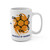 White ceramic mug featuring a bold caffeine molecule design swirling in an orange cyclone with the words “Molecule of Madness” underneath – Caffeine Cyclone Mug by Coo Coo’s Coffee.