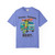 Beans. Boards. Bert. coffee t-shirt — surf gecko Bert with a retro aqua camper van and longboard printed on the front, flo blue