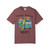 Beans. Boards. Bert. coffee t-shirt — surf gecko Bert with a retro aqua camper van and longboard printed on the front, brick
