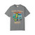 Beans. Boards. Bert. coffee t-shirt — surf gecko Bert with a retro aqua camper van and longboard printed on the front, grey