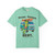 Beans. Boards. Bert. coffee t-shirt — surf gecko Bert with a retro aqua camper van and longboard printed on the front, island reef