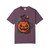 “Berry purple tee featuring jack-o’-lantern coffee mug, purple steam, bats, and pumpkin spice design, Pumpkin Mug Tee by Coo Coo’s Coffee.”