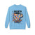 I Brew In Chaos crewneck in light blue - abstract expressionist coffee cup art with primary color splatter - Coo Coos Coffee